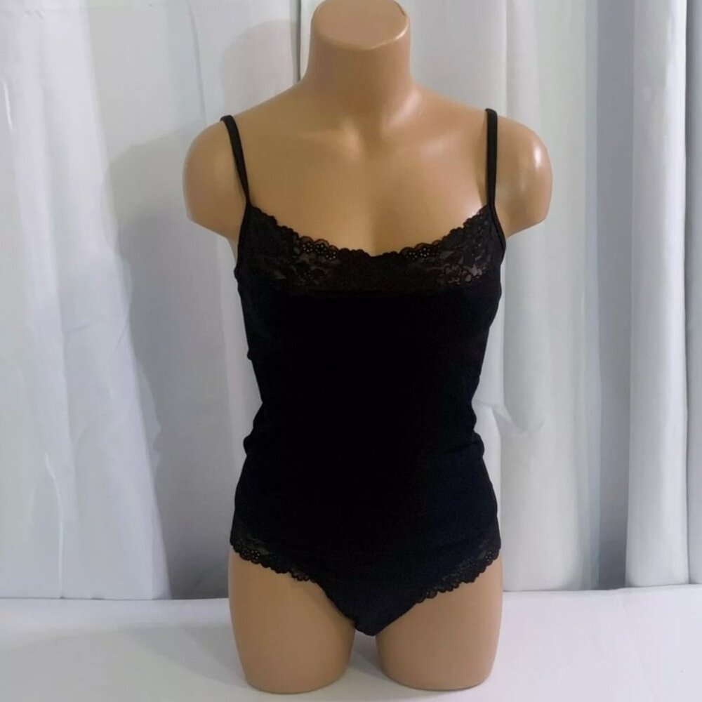 Victoria's Secret PINK Wink Seamless Rib Lace Trim Bodysuit black NWT